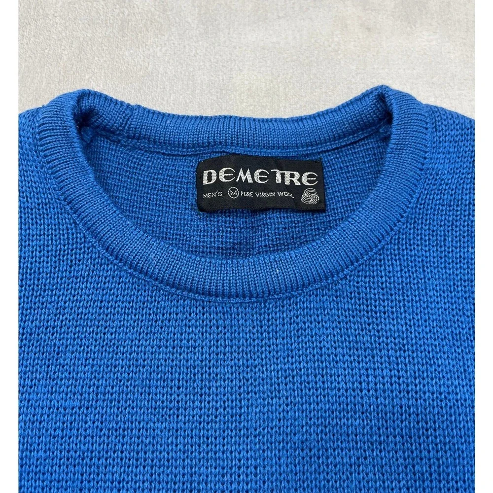 Vintage Demetre Sweater Men Medium Blue Striped Pure Virgin Wool Heavy Knit Ski